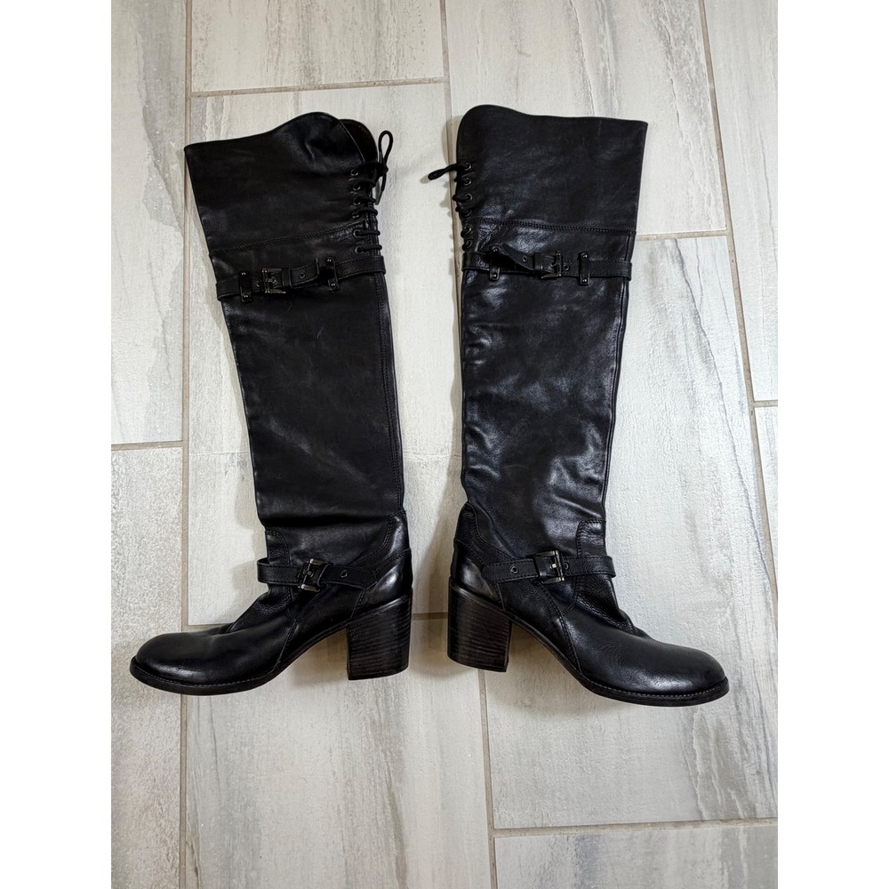 Jeannot Italy Black Leather Over The Knee Buckle Harness Block Heel Boots 40